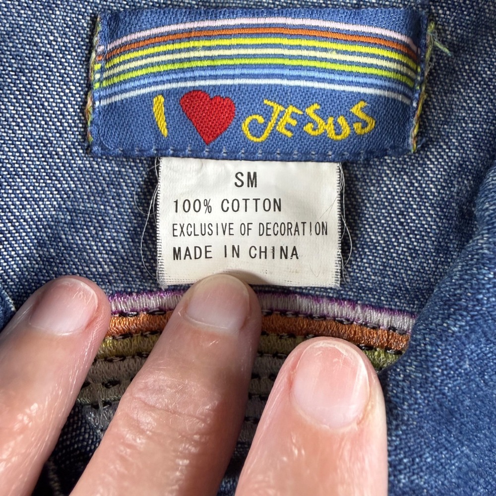 Vintage I Love Jesus Embroidered Denim Jacket Blue Pink Snaps Butterfly Sun - Picture 11 of 16